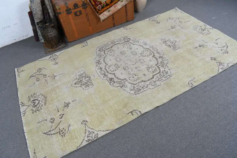 Turkish 4.3x7.7 ft Area Rug, Vintage Rug, Oushak Yellow Polka dot Rug - 1