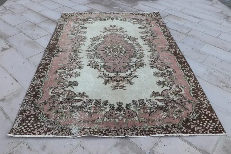 Vintage Büyük Halı, 6.5x9.1 ft Türk Halısı, Kahverengi Kareli Yün Halı - 1
