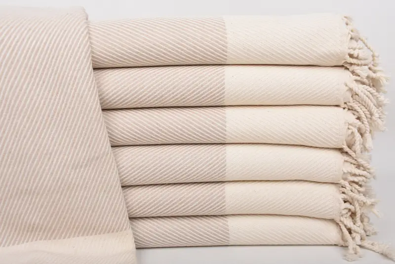Beige Striped Organic Cotton Towel, Handmade Turkish, 70x40 Inches