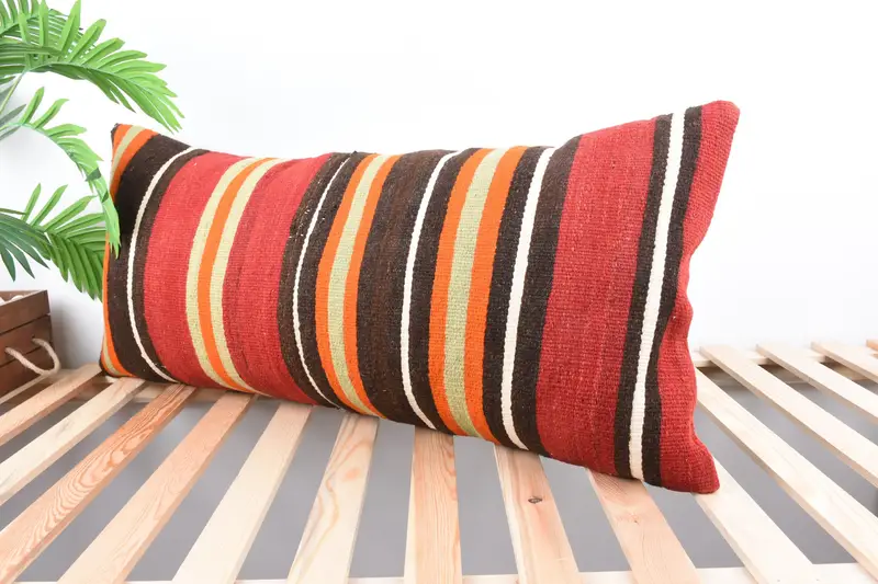 Turkish Pillow, Pillow Sham, Ethnical Kilim Rug Pillow, 16x36 Red Pillow Case, Boho Pillow, Neutral Throw Pillow Case - 5