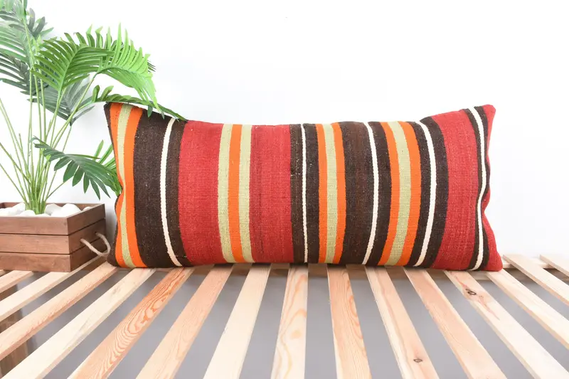 Turkish Pillow, Pillow Sham, Ethnical Kilim Rug Pillow, 16x36 Red Pillow Case, Boho Pillow, Neutral Throw Pillow Case - 1
