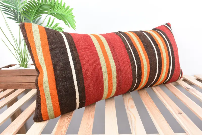 Turkish Pillow, Pillow Sham, Ethnical Kilim Rug Pillow, 16x36 Red Pillow Case, Boho Pillow, Neutral Throw Pillow Case - 4