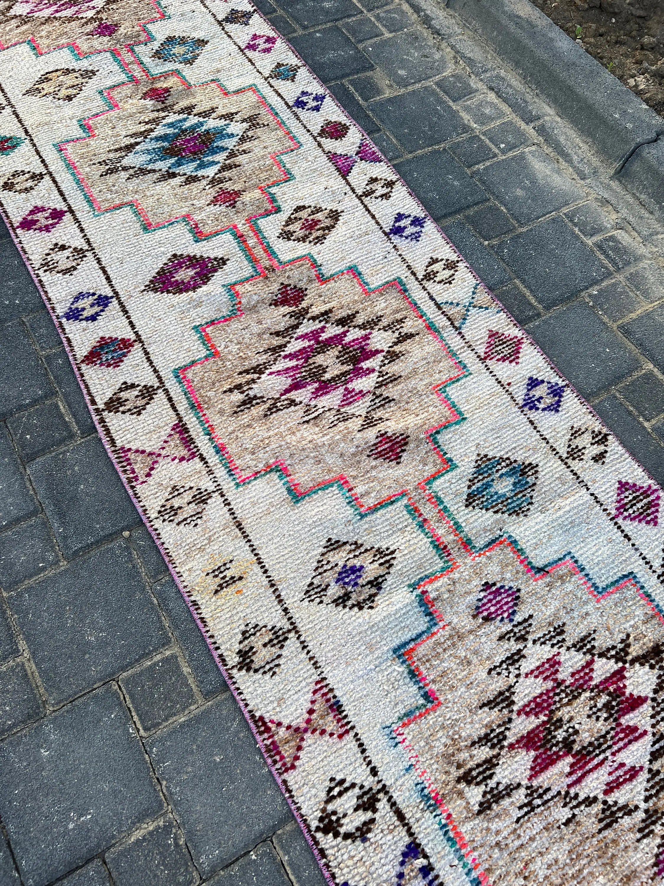 Turkish Vintage Rug 2.6x11.5 ft, Red Herki Oriental Rug - 1
