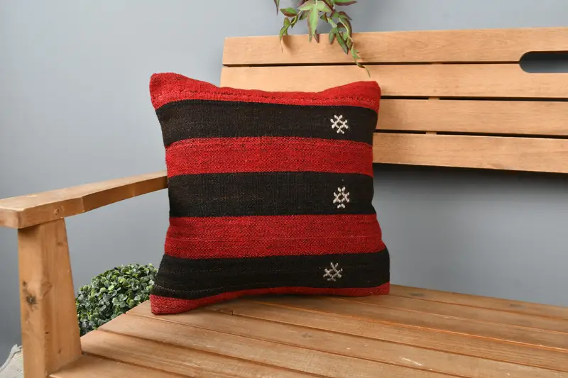 Boho Throw Pillow, Cushion, Turkish Kilim Pillow, 16x16 Red Cushion Cover, Tapestry Cushion Cover, Handmade Kilim Cushion, Kilim Pillow - 1