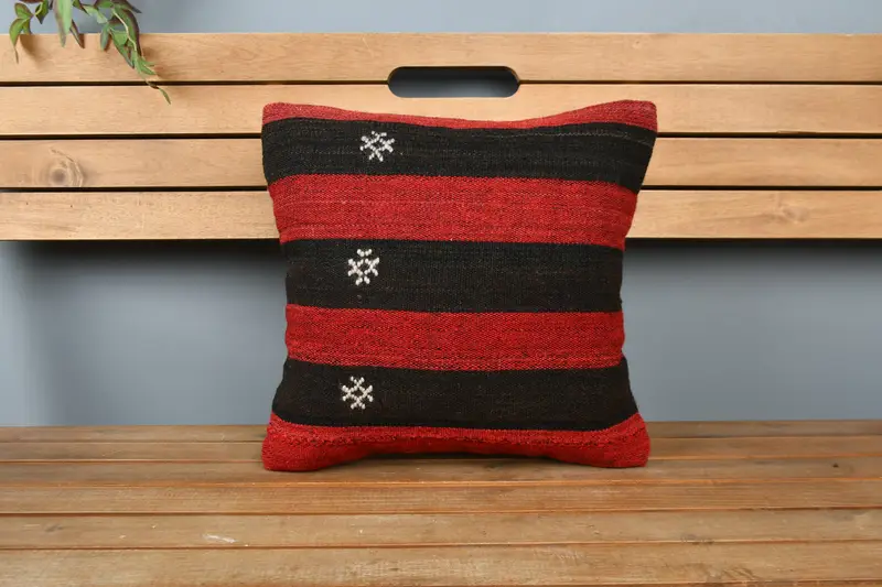 Boho Throw Pillow, Cushion, Turkish Kilim Pillow, 16x16 Red Cushion Cover, Tapestry Cushion Cover, Handmade Kilim Cushion, Kilim Pillow - 6