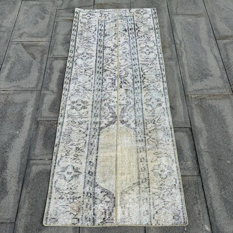 Alfombra vintage Oushak de 2,2x5,2 pies, lana de alfombra turca de camuflaje gris - 1