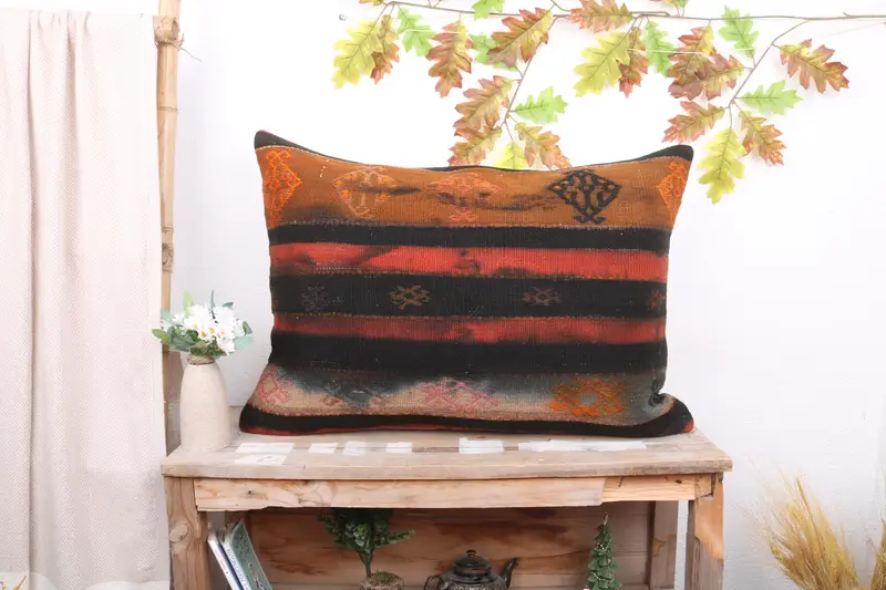 Turuncu & Kahverengi Çizgili Kırlent, El Yapımı Dikdörtgen Yastık
