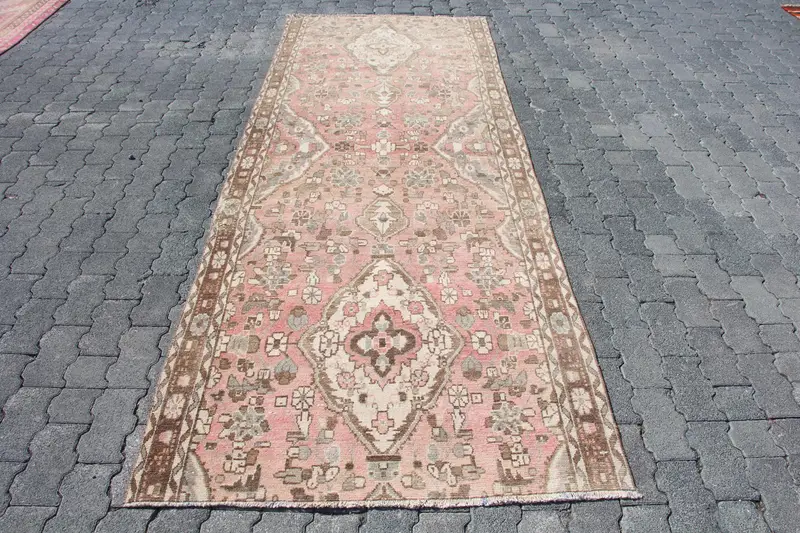 Vintage Türk Halısı, 3.6x9.5 ft Runner Halısı, Pembe Kahverengi Fas Halısı - 1