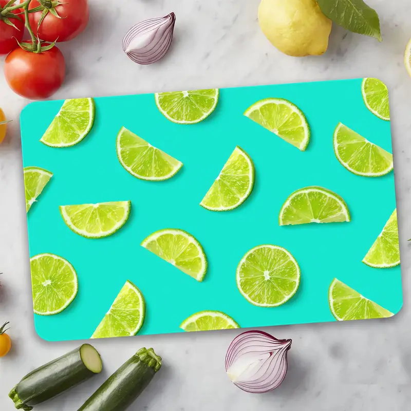 Yeşil Limonlu Limon Desenli Cam Kesme Tahtası