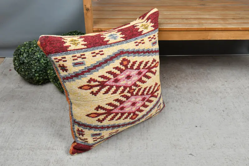 Vintage Kilim -Kissen, 24x24 Beige Kissen Schein, ethnischer Kilimteppichkissen, Häkelmuster -Kissenschein, Kissenschein, Boho -Kissenscheinabdeckung - 7