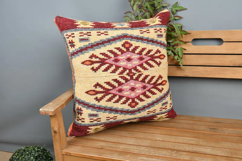 Vintage Kilim -Kissen, 24x24 Beige Kissen Schein, ethnischer Kilimteppichkissen, Häkelmuster -Kissenschein, Kissenschein, Boho -Kissenscheinabdeckung - 1