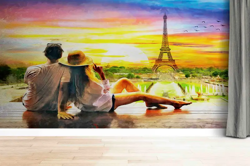 Baskılı Eyfel Kulesi Gün Batımı Duvar Kağıdı: Romantik Paris Manzarası