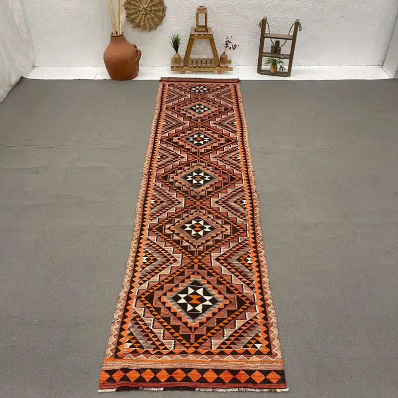 Turkish Rug, 3.1x12.1 ft Runner Rug, Red Floral Wool Vintage Rug - 1