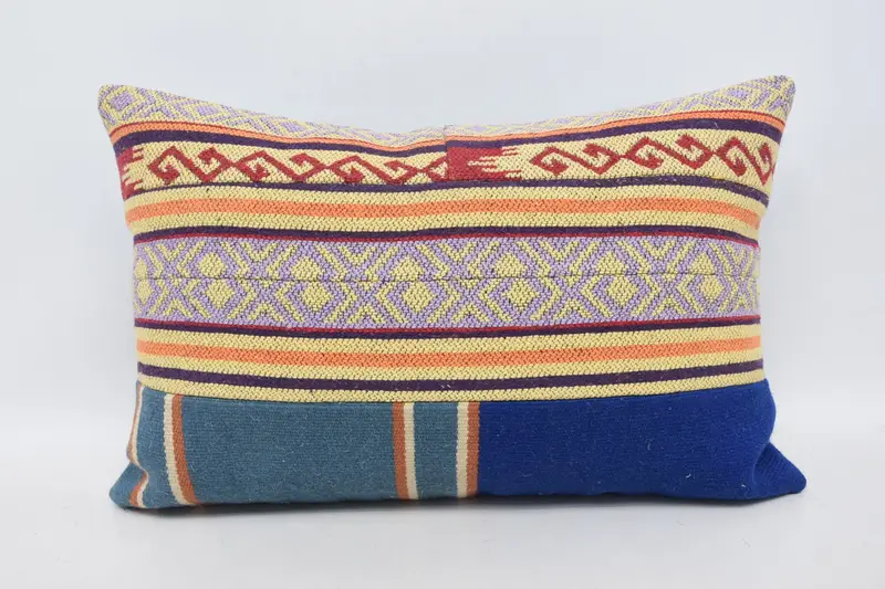 Pillow Sham, Antique Pillows, Ethnical Kilim Rug Pillow, Ottoman Cushion, Kilim Pillow Cover, 16x24 Blue Cushion - 1