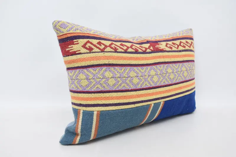 Pillow Sham, Antique Pillows, Ethnical Kilim Rug Pillow, Ottoman Cushion, Kilim Pillow Cover, 16x24 Blue Cushion - 3