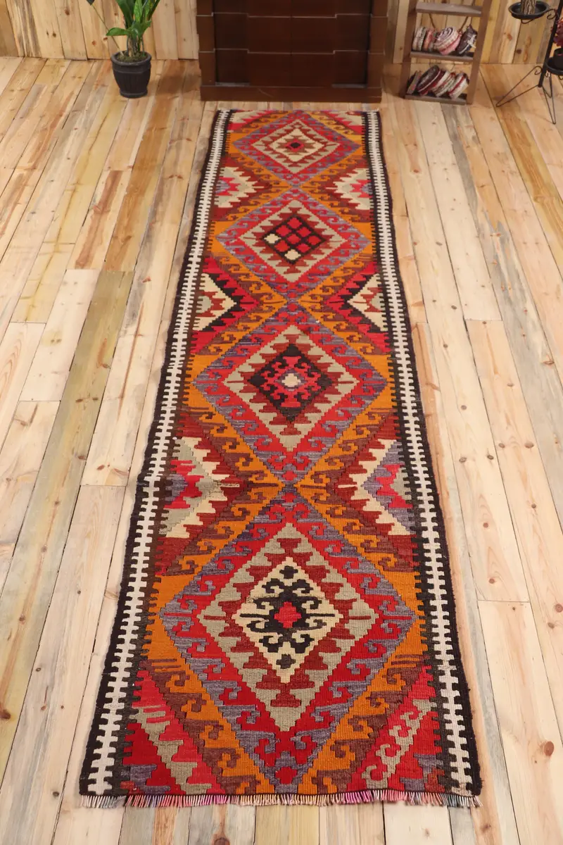 Türk Vintage Yolluk Halısı 3x12 ft (90x365 cm), Kırmızı Puantiyeli Kilim - 1