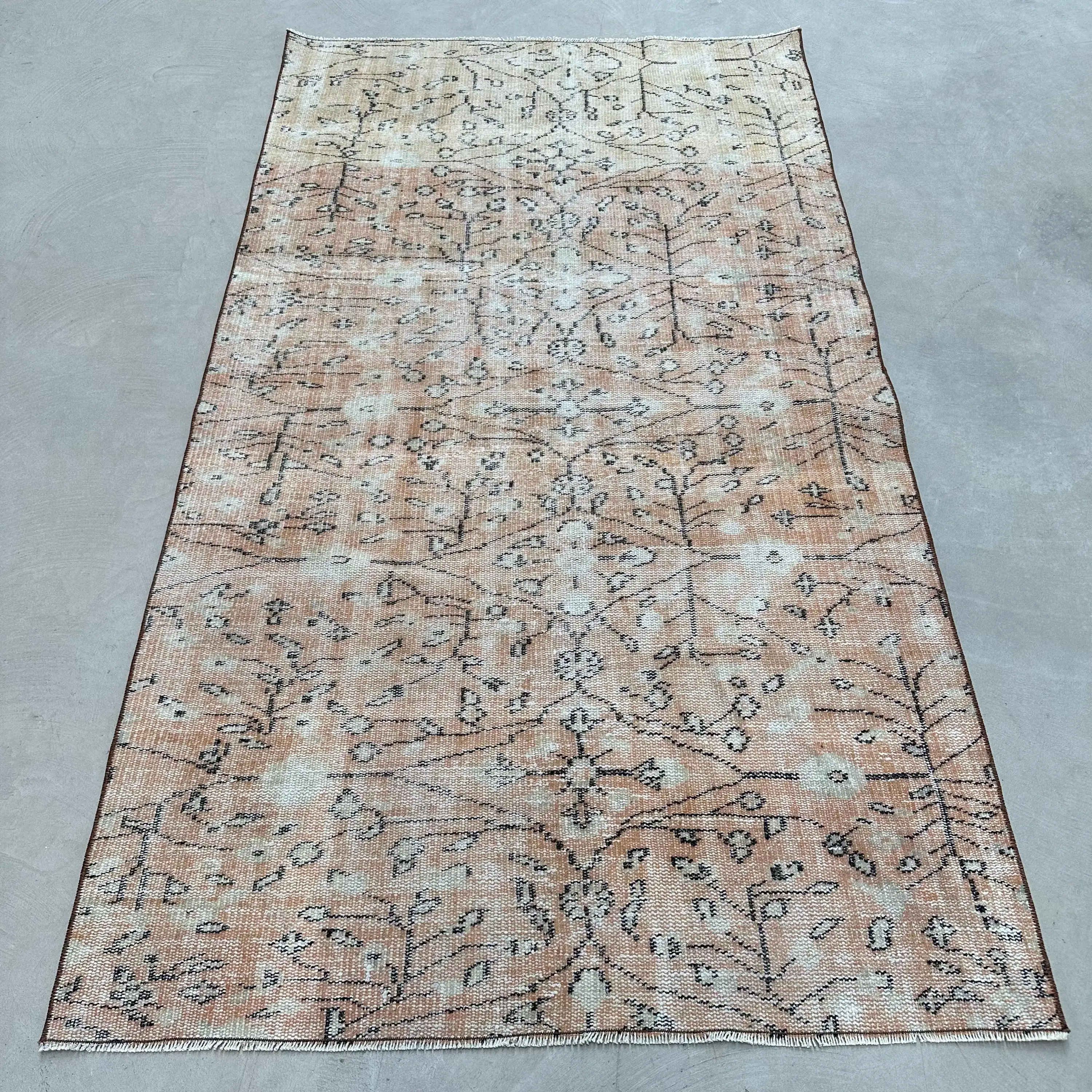 Turkish Vintage Area Rug 4.2x7.4 ft, Brown White Floral Wool Rug - 1