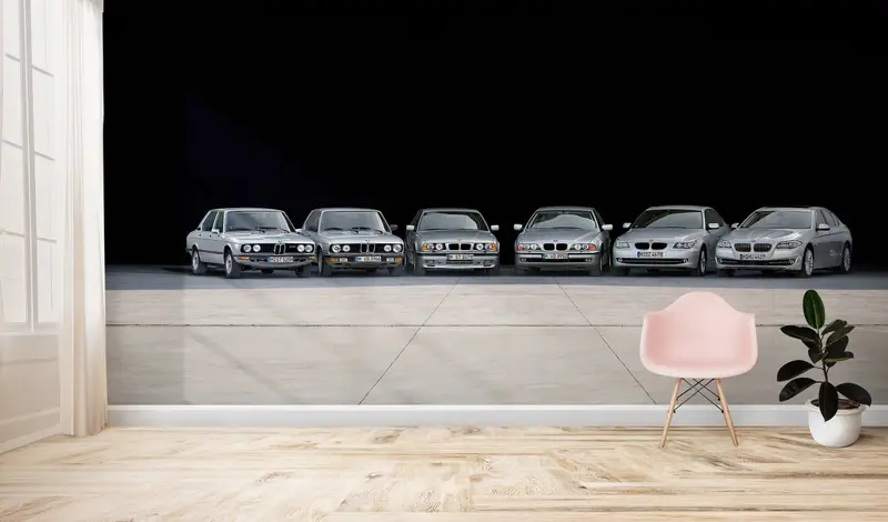 BMW All -5 -Serie -Wandkunst, BMW Autogeschichte Wandmalerei, BMW Wanddruck, BMW 5 Serie Auto Wanddekoration, Garage Mural, - 5