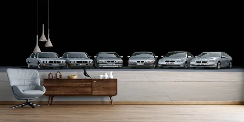 BMW All -5 -Serie -Wandkunst, BMW Autogeschichte Wandmalerei, BMW Wanddruck, BMW 5 Serie Auto Wanddekoration, Garage Mural, - 2