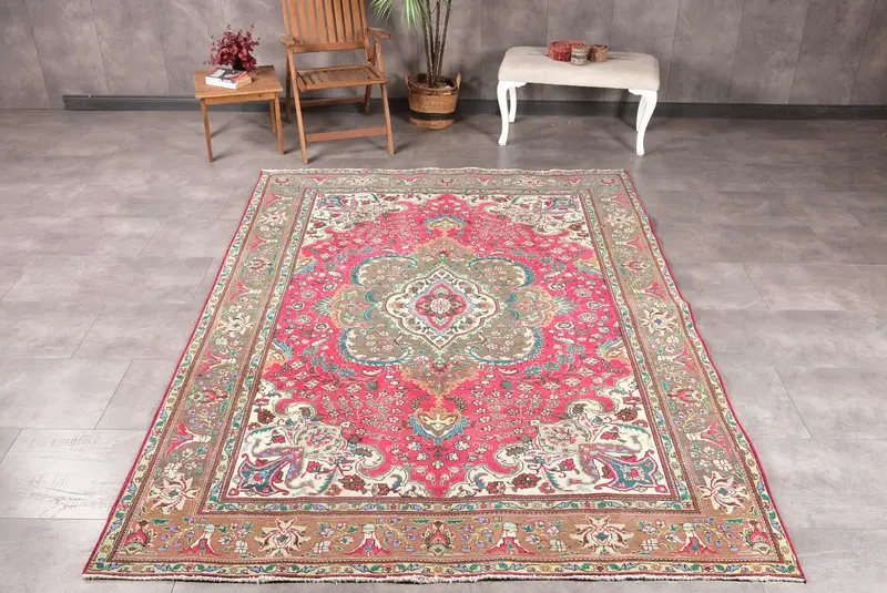Vintage Büyük Halı 6.6x9.4 ft, Kırmızı Ombré Türk Yün Halısı - 1