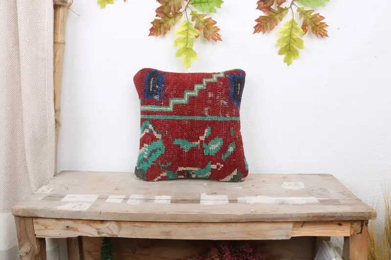 Pillow Sham, Gift Pillow, Turkish Pillow, Vintage Kilim Pillow Cushion Case, 12x12 Red Cushion Case, Ethnical Kilim Rug Pillow - 1