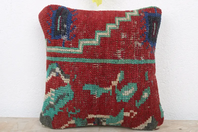 Pillow Sham, Gift Pillow, Turkish Pillow, Vintage Kilim Pillow Cushion Case, 12x12 Red Cushion Case, Ethnical Kilim Rug Pillow - 2