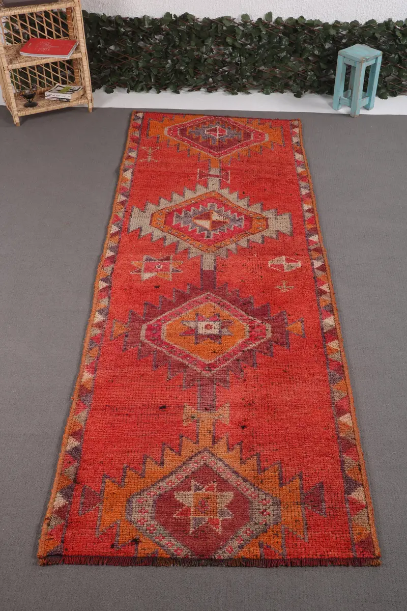 3.5x9.4 ft Turkish Vintage Rug, Runner Rug, Orange Pink Wool Rug - 1