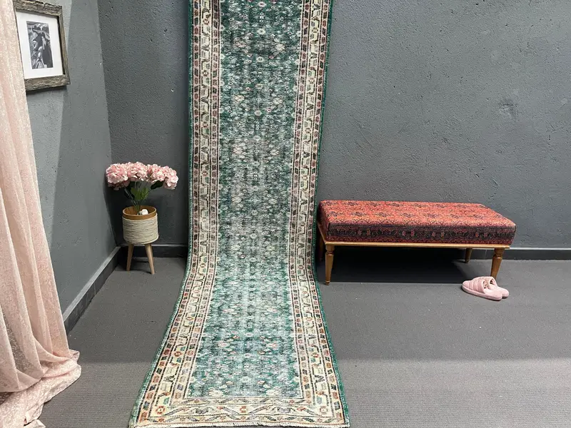 Turkish 2.9x10.7 ft Rug, Runner Vintage Rug, Green White Ombré Wool Rug - 1