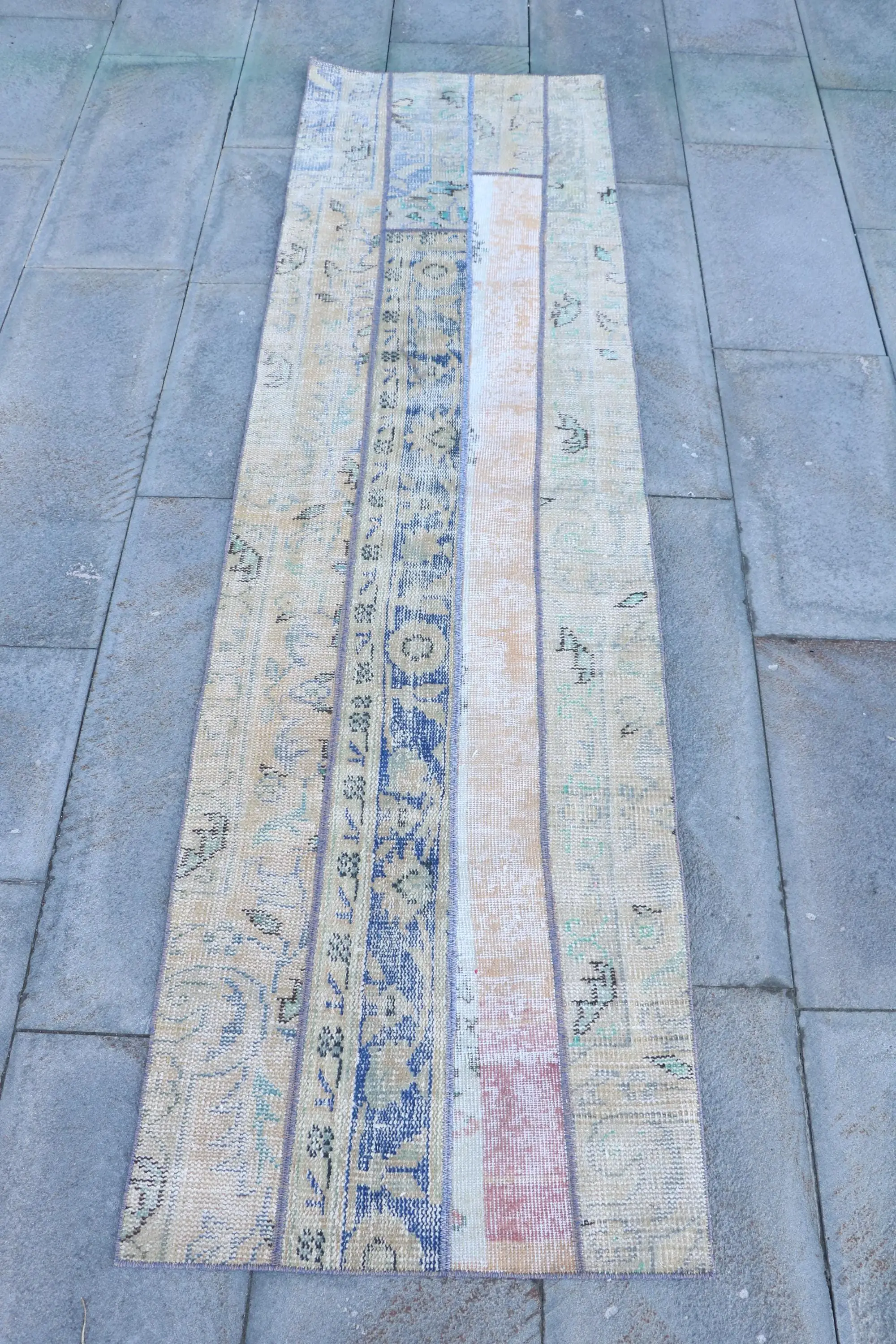 Teppich, 2x7,3 ft Vintage Teppich, blau gestreifte Teppichwolle - 1