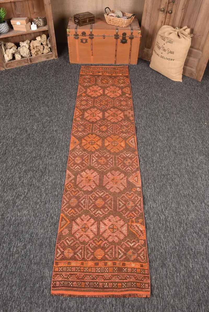 Vintage Turkish Rug, 2.3x9.9 ft Herki Rug, Orange Floral Wool Rug - 1