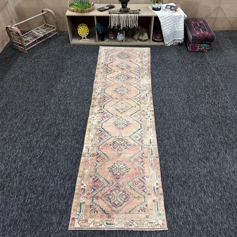 2.7x10 ft Vintage Rug, Turkish Runner Rug, Red Bordered Wool Rug - 1
