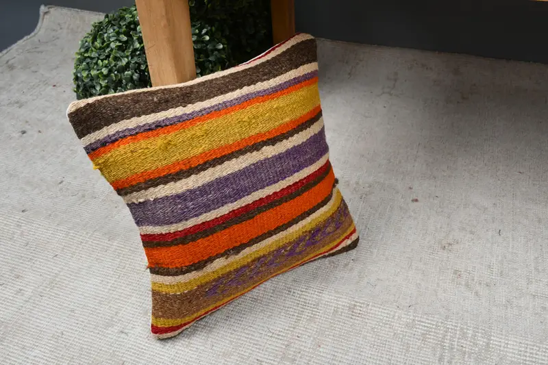 Handmade Throw Pillow Sham, Pillow, Gift Pillow, Ethnical Kilim Rug Pillow, 12x12 Orange Pillow Sham, Boho Pillow, Neutral Throw Pillow - 7
