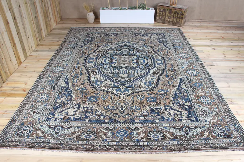 Vintage Rug, Oversize 10x13.3 ft Turkish Rug, Brown Blue Geometric Rug - 1