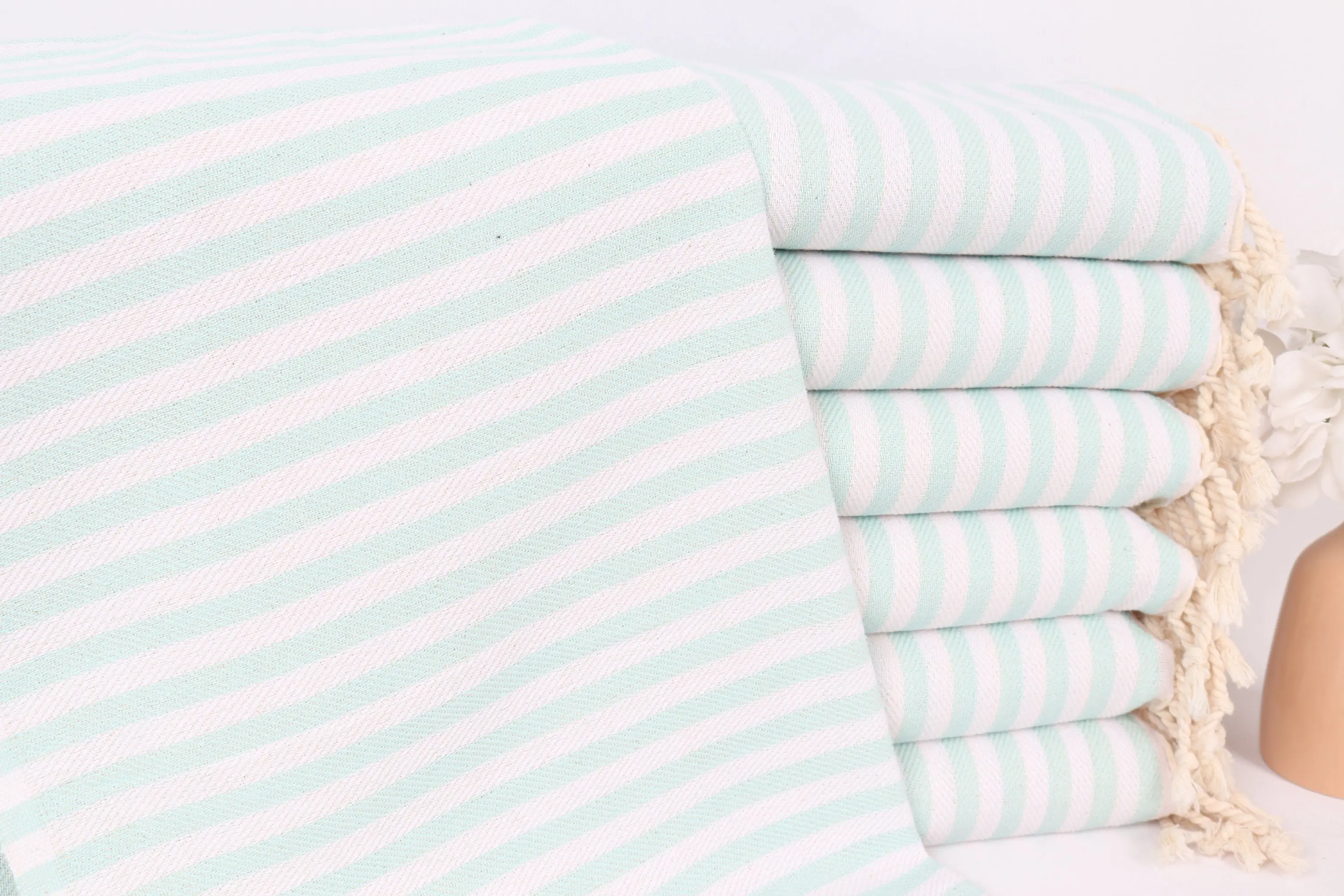 Bathroom Hand Towel Mint Cotton Striped, 18x40 Inches - 1