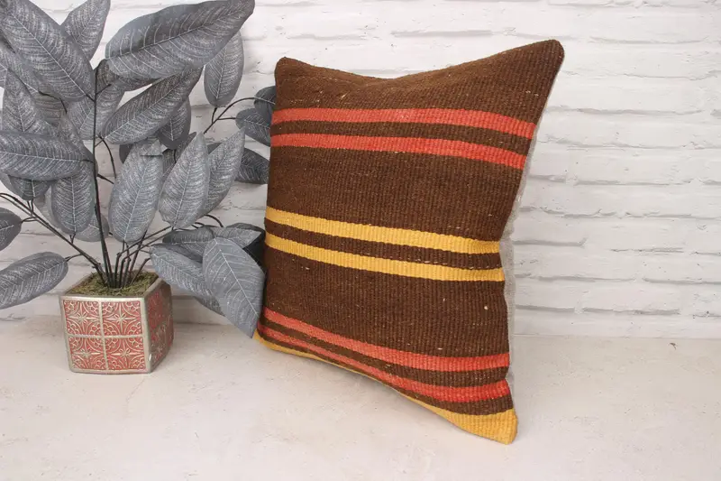 Knitted Cushion Cover, 18x18 Brown Pillow Case, Garden Pillow, Chair Cushion Cover, Boho Pillow, Kilim Pillow, Cushion, Kilim Cushion Sham - 4