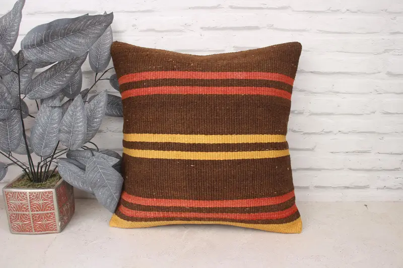 Knitted Cushion Cover, 18x18 Brown Pillow Case, Garden Pillow, Chair Cushion Cover, Boho Pillow, Kilim Pillow, Cushion, Kilim Cushion Sham - 1