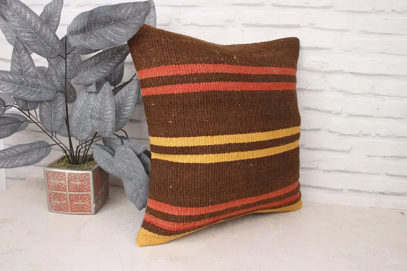 Knitted Cushion Cover, 18x18 Brown Pillow Case, Garden Pillow, Chair Cushion Cover, Boho Pillow, Kilim Pillow, Cushion, Kilim Cushion Sham - 3