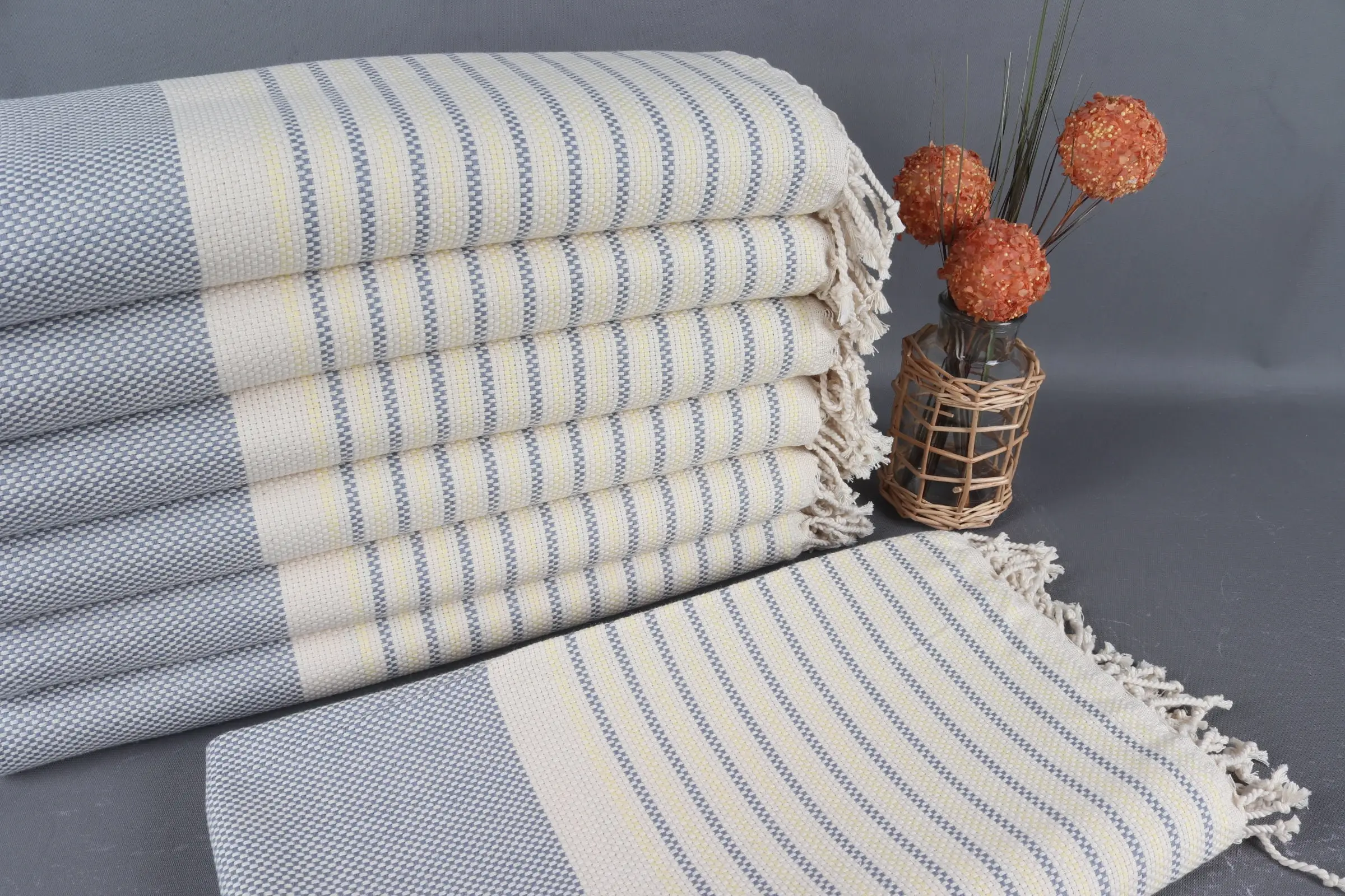 Organic Cotton Turkish Towel Gray-Yellow Geometric, 40x71 Inches - 1