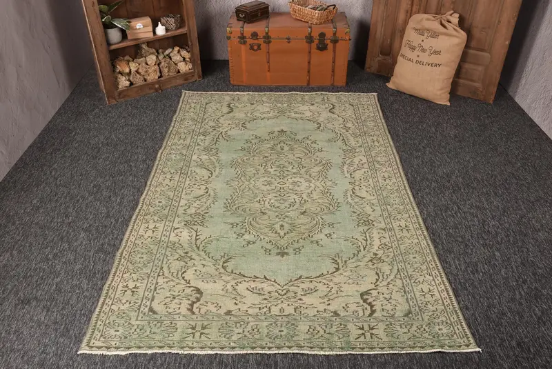5.3x8.5 ft Vintage Turkish Rug, Large Rug, Green Gray Floral Wool Rug - 1
