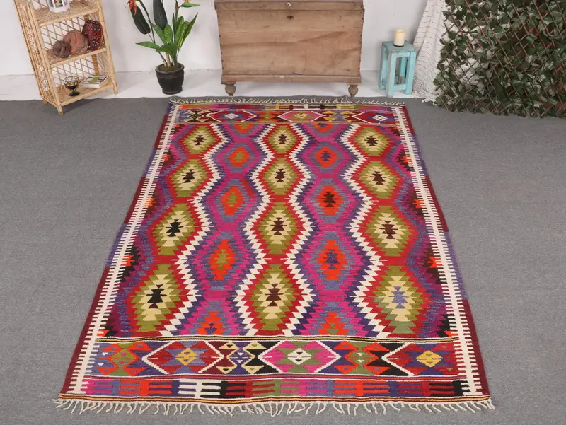 Rainbow Check Rug, 5.4x8 ft Vibrant Area Rug