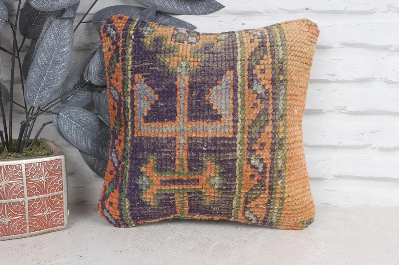 Boho Pillow, Hippie Throw Cushion, Handmade Kilim Cushion, Garden Pillow Case, 12x12 Orange Pillow Cover, Interior Designer Pillow, Cushion Case - 1