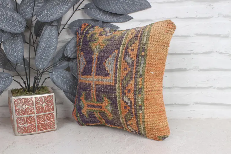 Boho Pillow, Hippie Throw Cushion, Handmade Kilim Cushion, Garden Pillow Case, 12x12 Orange Pillow Cover, Interior Designer Pillow, Cushion Case - 3