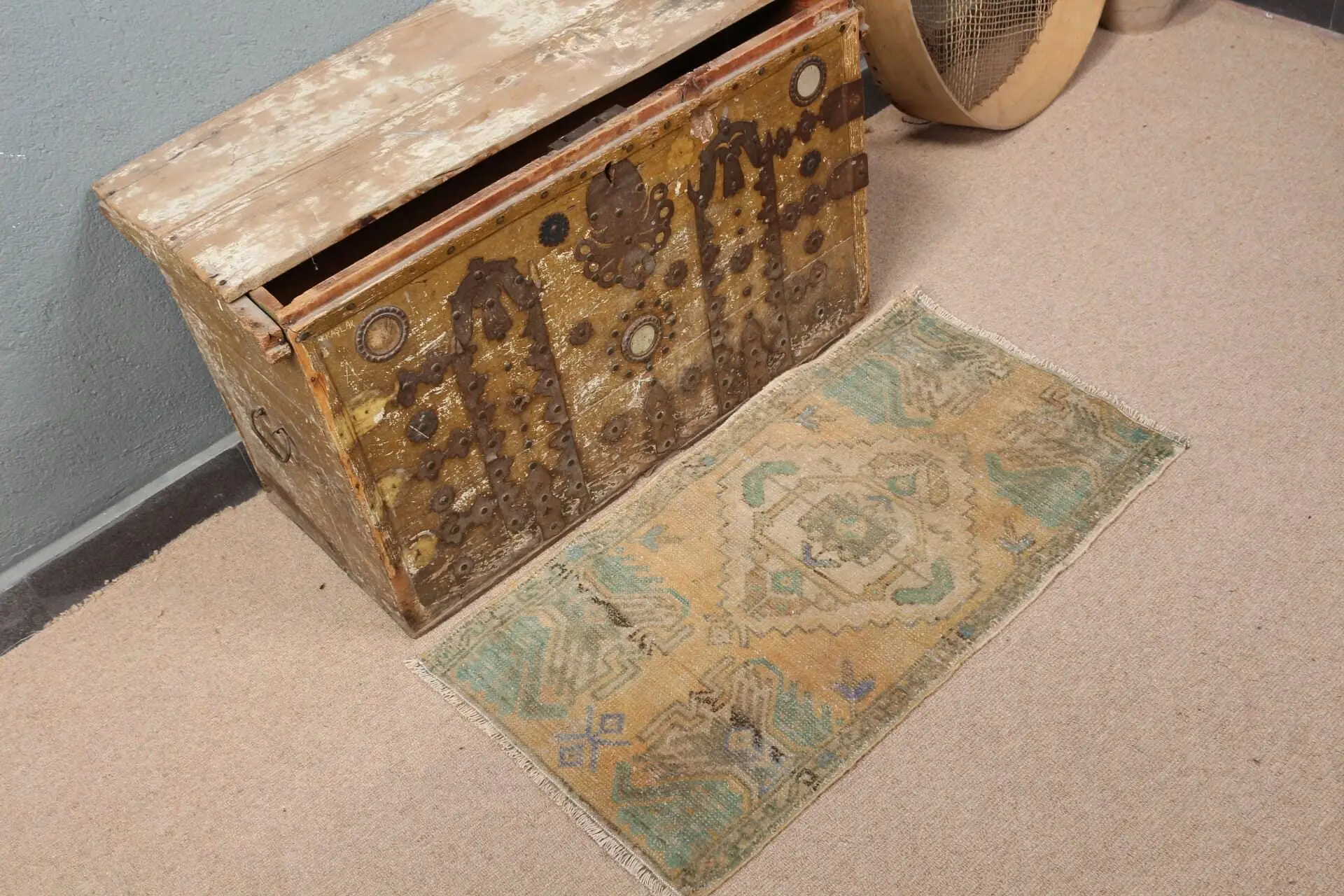 Vintage 1.6x2.8 ft Rug, Small Turkish Rug, Blue Yellow Southwestern Wool Rug - 1