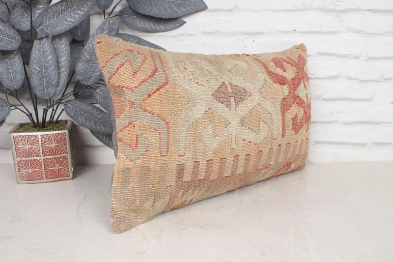 Boho Pillow Sham Cover, Antique Pillows, Vintage Kilim Throw Pillow, Cushion Case, 12x20 Beige Cushion Case, Decorative Throw Cushion Case - 3
