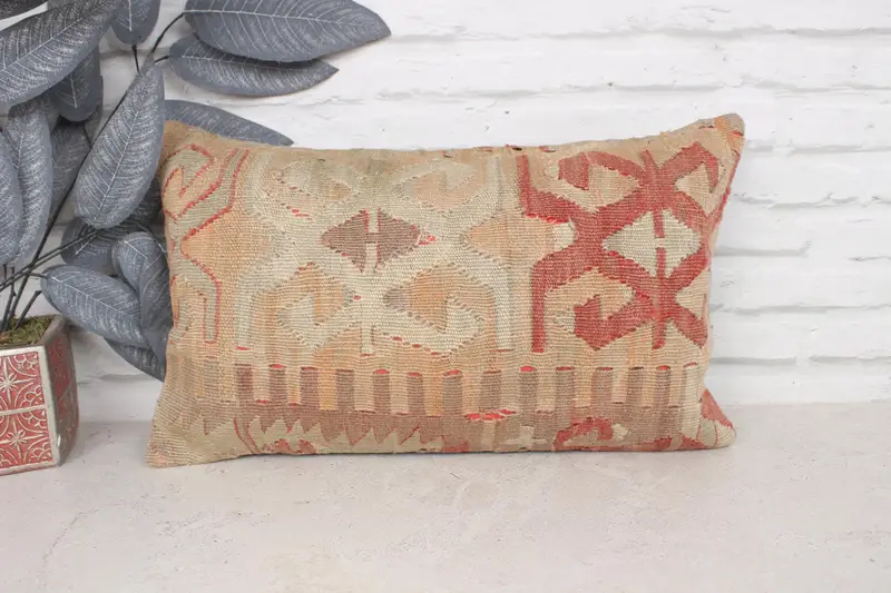 Boho Pillow Sham Cover, Antique Pillows, Vintage Kilim Throw Pillow, Cushion Case, 12x20 Beige Cushion Case, Decorative Throw Cushion Case - 1