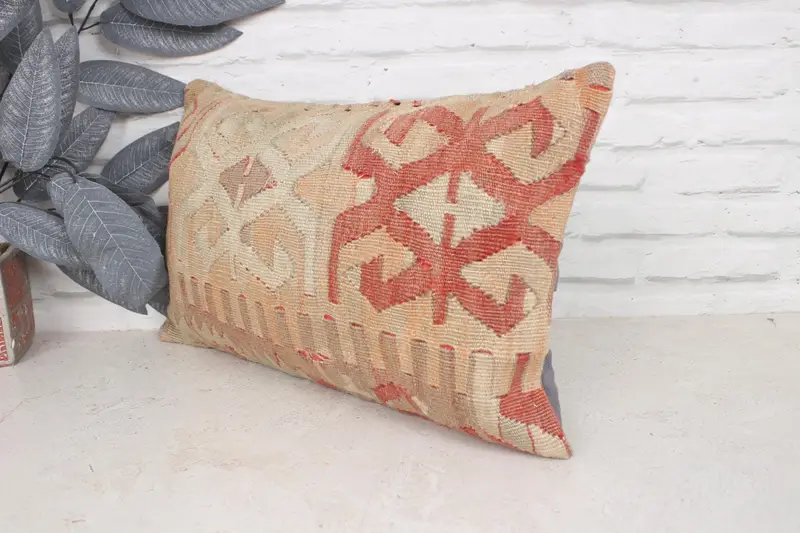 Boho Pillow Sham Cover, Antique Pillows, Vintage Kilim Throw Pillow, Cushion Case, 12x20 Beige Cushion Case, Decorative Throw Cushion Case - 4