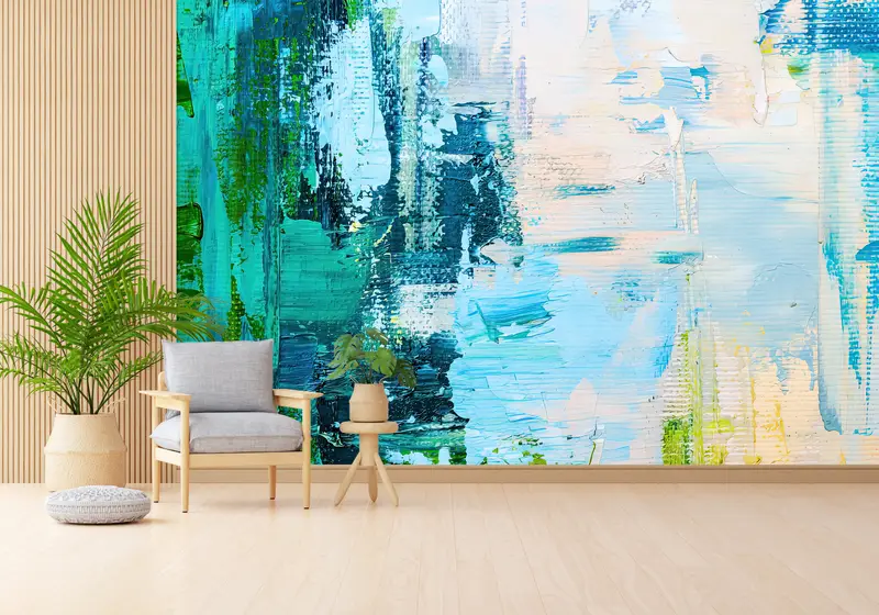 Çağdaş Petrol, Yeşil ve Mavi Modern Soyut Baskılı Duvar Kağıdı