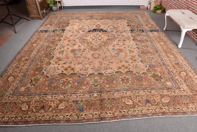 Vintage Rug, 10x12.5 ft Oversize Rug, Brown Wool Turkish Rug - 1