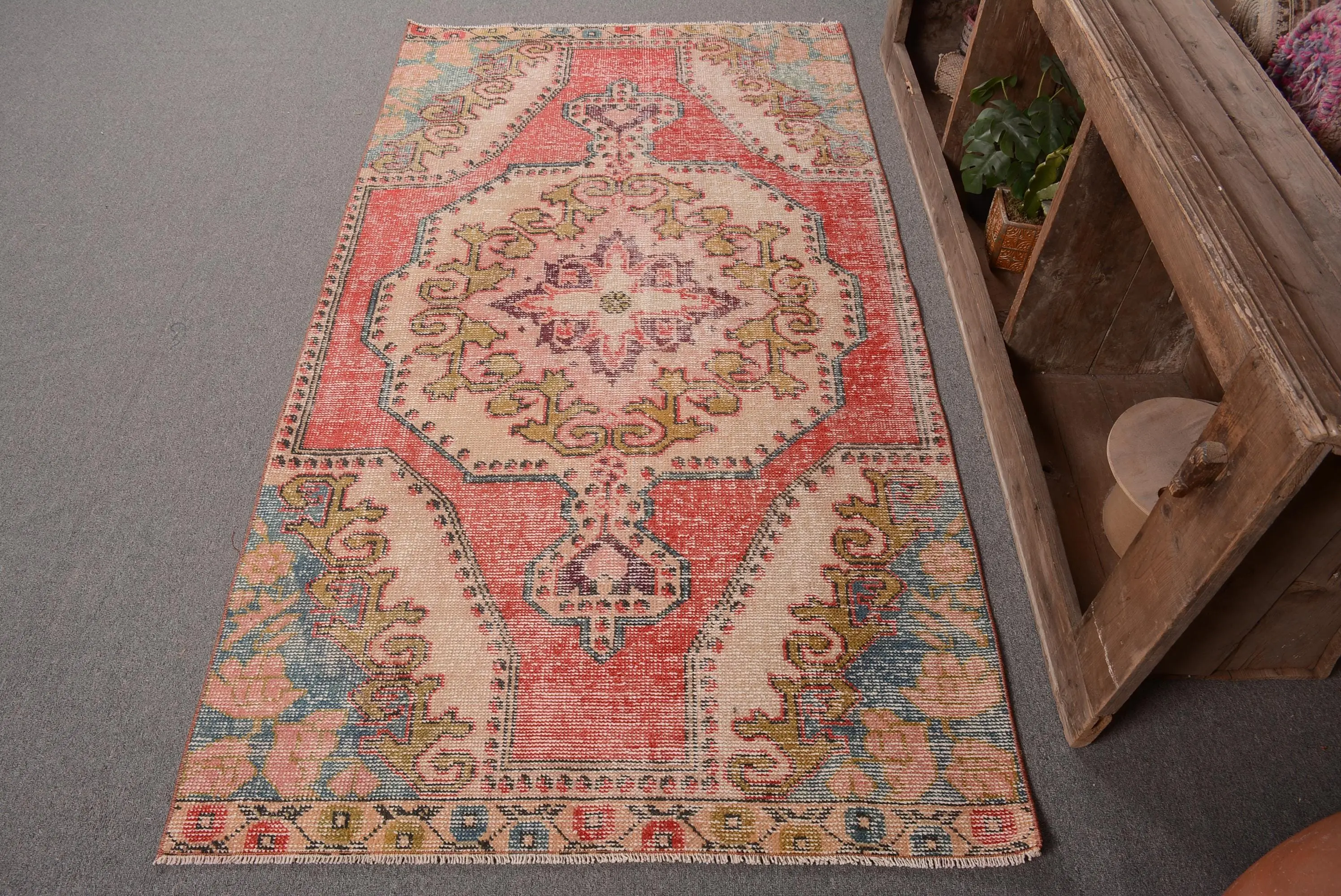 Vintage Turkish Rug 3.6x6.7 ft (109x204 cm), Red Solid Wool Rug - 1