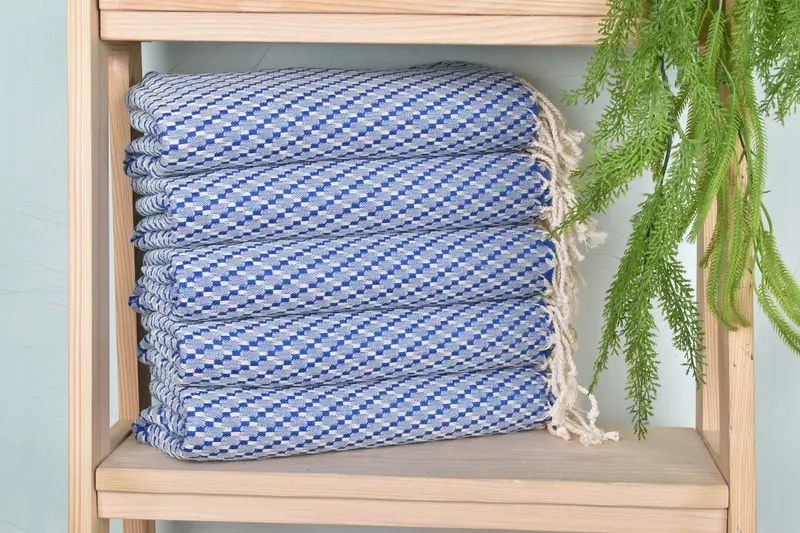 Geometric Towel Sax Blue Cotton 40x67 Inches, Organic Cotton/Linen